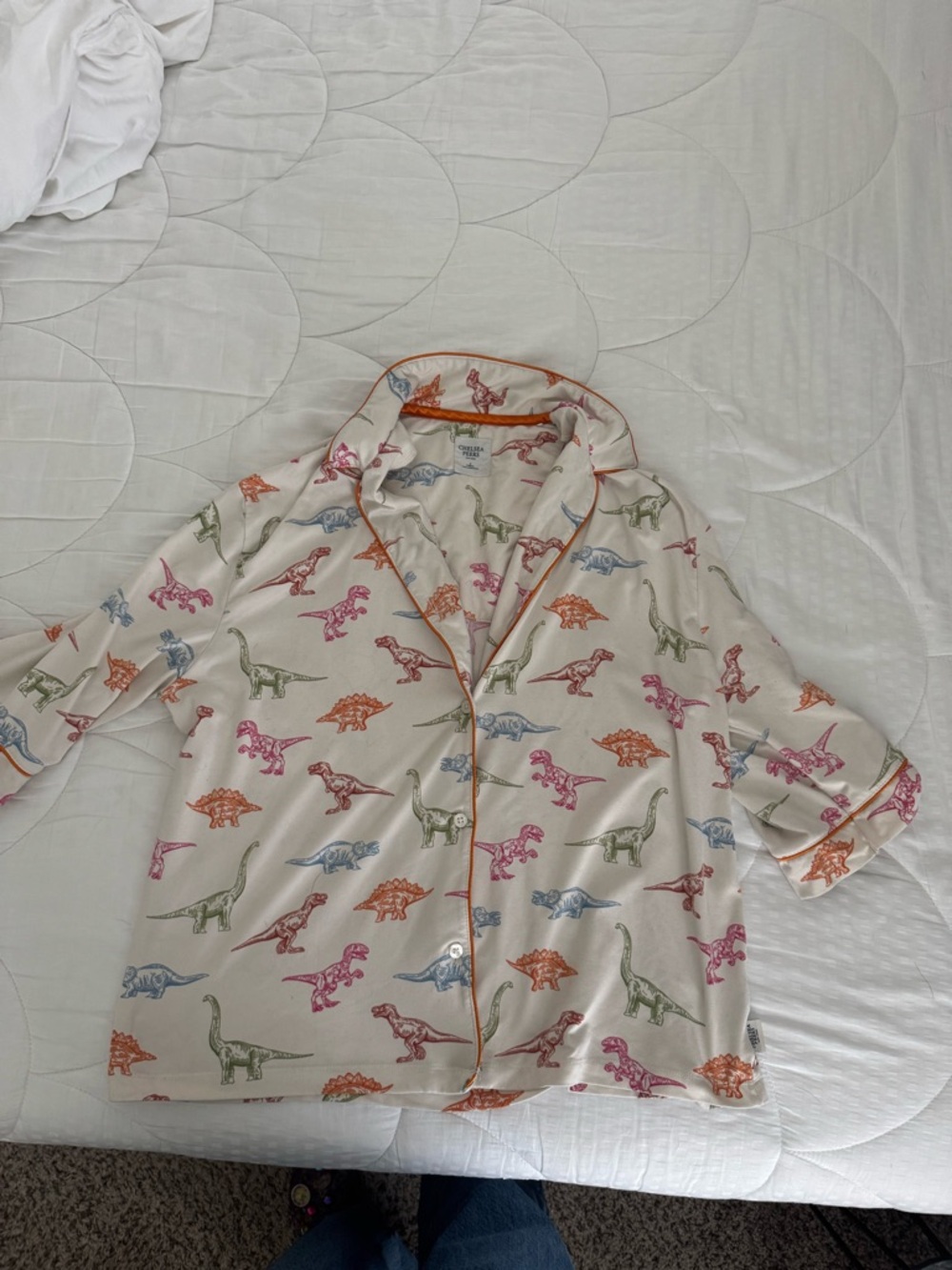 Cream Dinosaur Print Pajama Top and bottom with Orange Piping